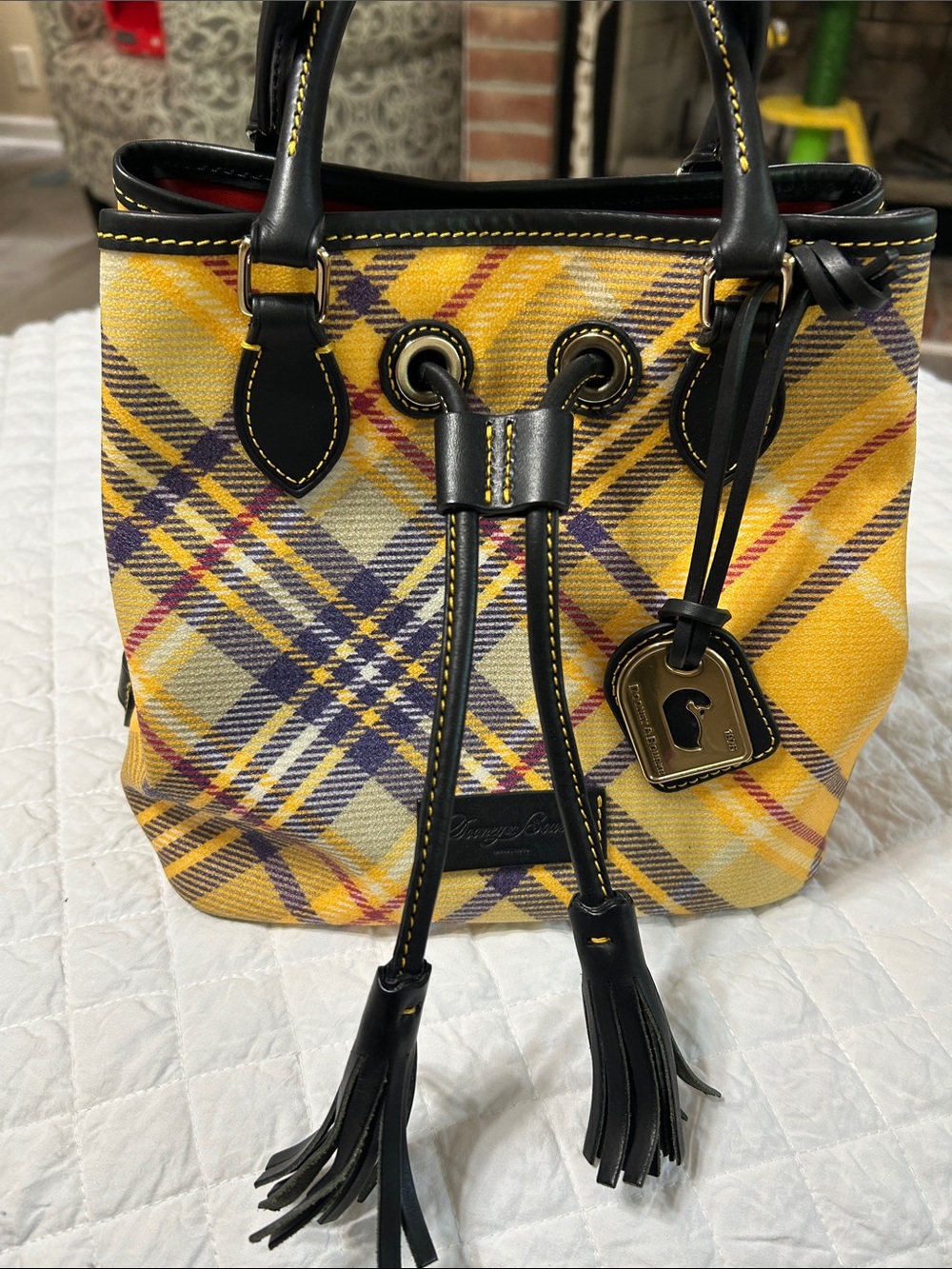 Dooney & Bourke Yellow Plaid Drawstring Bucket Bag with Black Trim
